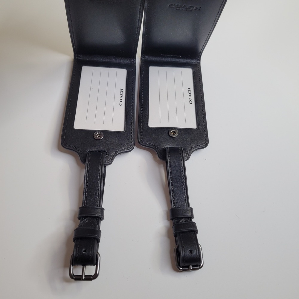 Coach Signature Canvas Luggage Tags Set of 2 Charcoal Black Leather Travel ID - Picture 2 of 9